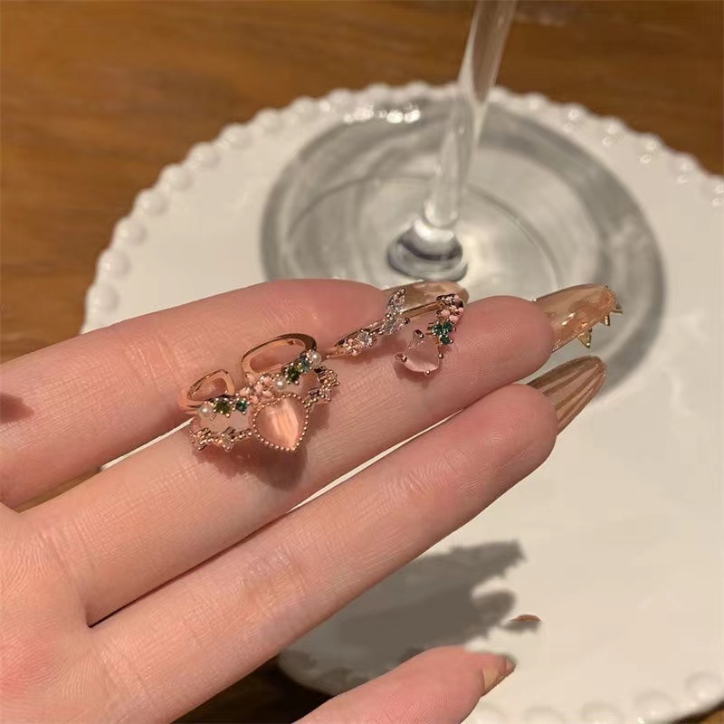 Cincin Jari Telunjuk Model Terbuka Lapisan Ganda Aksen Mutiara Berlian Imitasi Warna Pink Gaya Korea Untuk Wanita