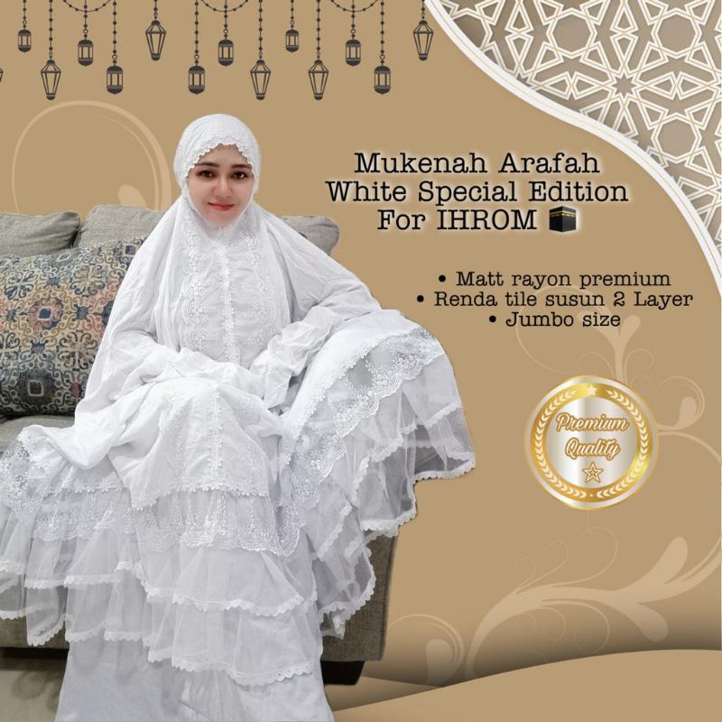 MUKENA ARAFAH PUTIH, MUKENA SETELAN BERLENGAN, JUMBO SIZE  RAYON PUTIH 2LAYER MUKENA HAJI DAN UMROH