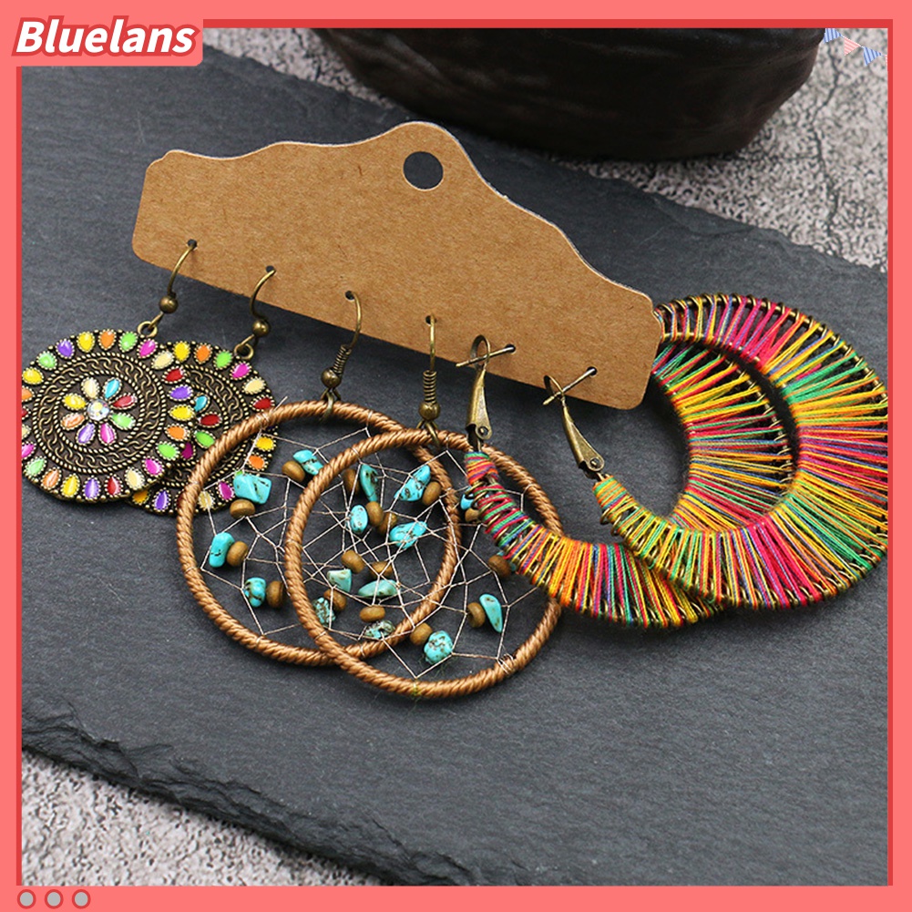 Set 3 Pasang Anting Hook Geometris Menjuntai Aksen Rumbai Turquoise Tiruan Untuk Wanita