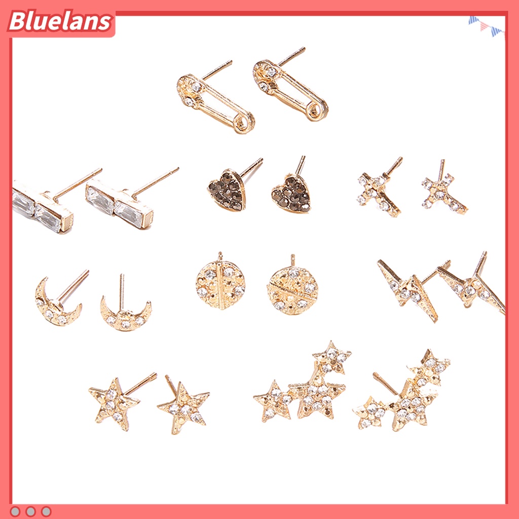 9 Pasang Anting Stud Geometris Bahan Alloy Untuk Dekorasi Ulang Tahun Wanita