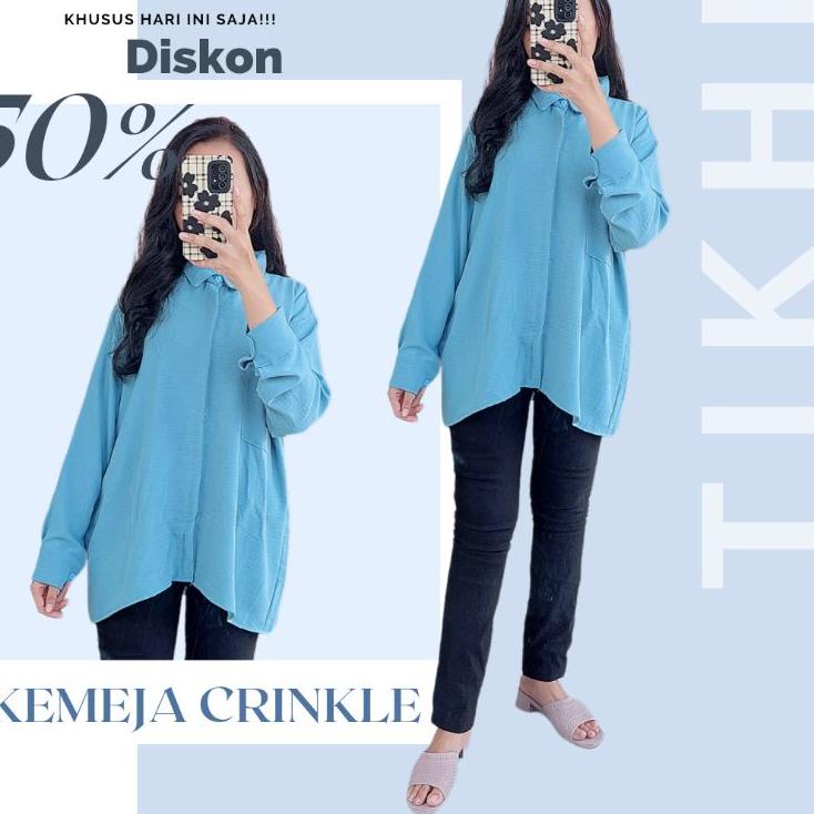 Kemeja Polos Wanita Lengan Panjang Oversize Cewek Crinkle Jumbo Casual MurahKekinian Linen Rayon Kat