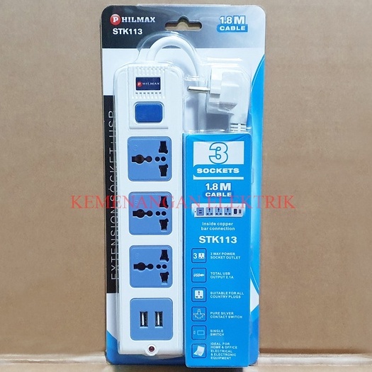 PHILMAX STOP KONTAK 3 LUBANG + 2 USB PORT 2.1A + SWITCH / SAKLAR / COLOKAN LISTRIK 3 LOBANG + 2 USB CHARGER 2,1A KABEL 1.8M 1,8METER