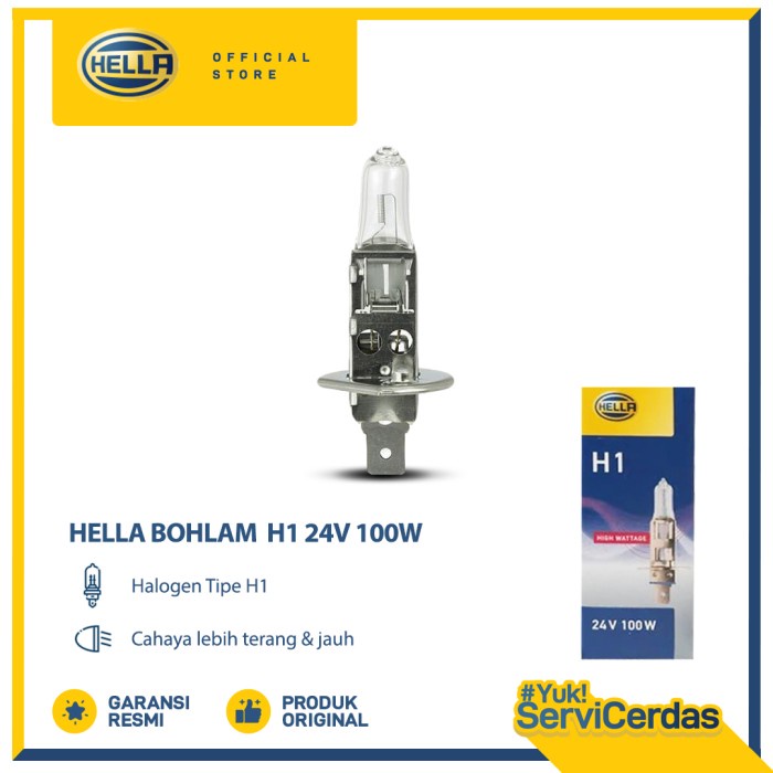 Hella Lampu Mobil Halogen H1 24V 100W 1pcs - Lampu Bohlam Aksesoris Mobil Premium Untuk Semua Tipe M