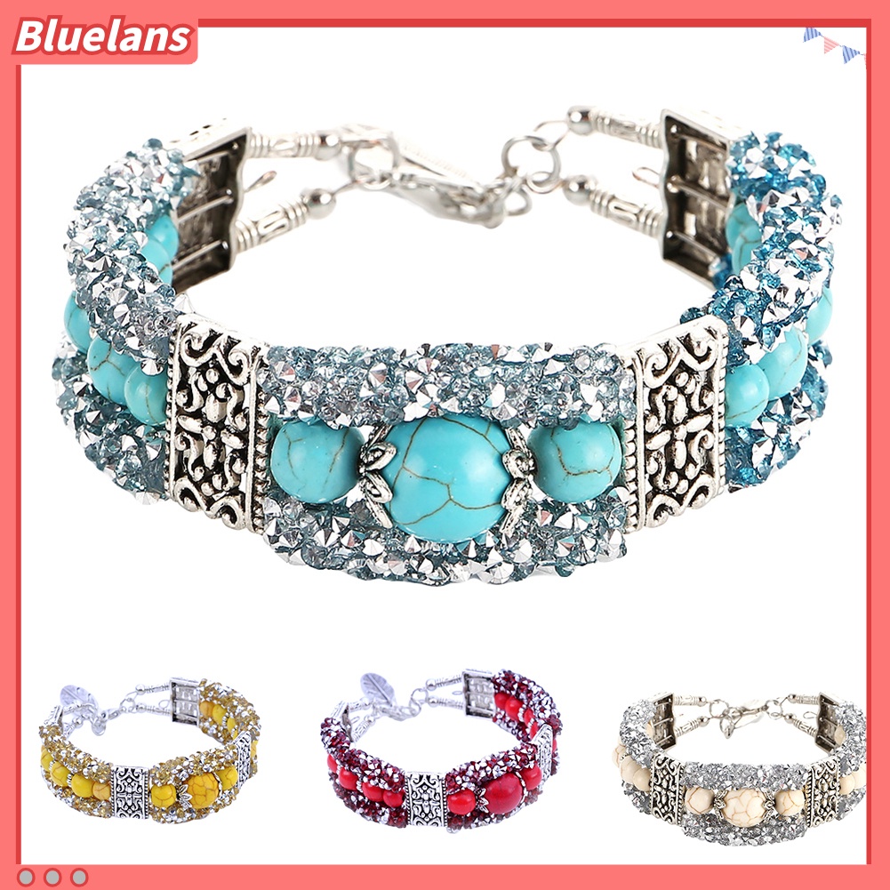 Bluelans Vintage Women Faux Turquoise Beads Rhinestone Carved Bracelet Bangle Jewelry