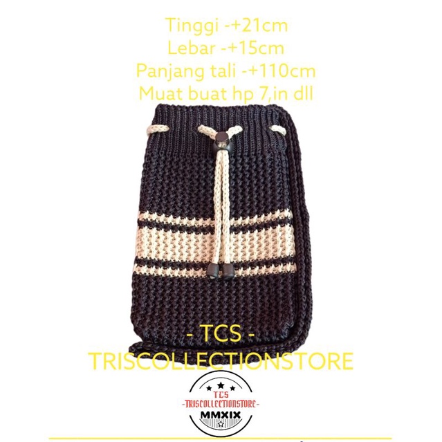 Promo tas rajut selempang wanita model serut buat hp dll, kekinian, viral, hitam, (serut strip, gari