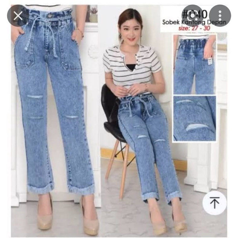 Celana jeans boyfriend wanits terbaru model sobek kantong silet pinggang tali