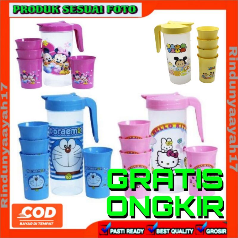 [RA] SET TEKO GELAS PLASTIK BERANAK KARAKTER 5IN1 CANTIK