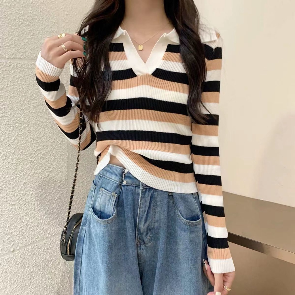 Rajut Stripe Shirt Wanita Baju Garis Garis Wanita Lengan Panjang