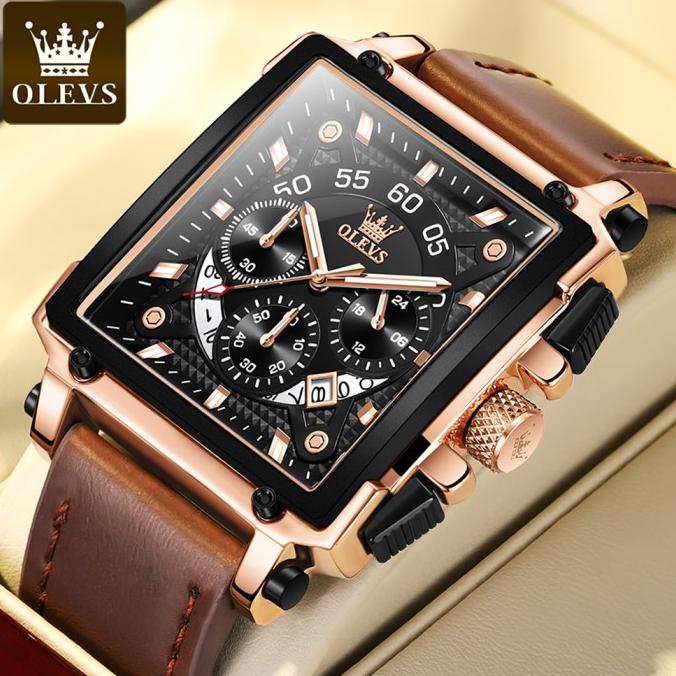Olevs Jam Tangan Pria Original Waterproof Kulit Square Chronograph Nekalistore