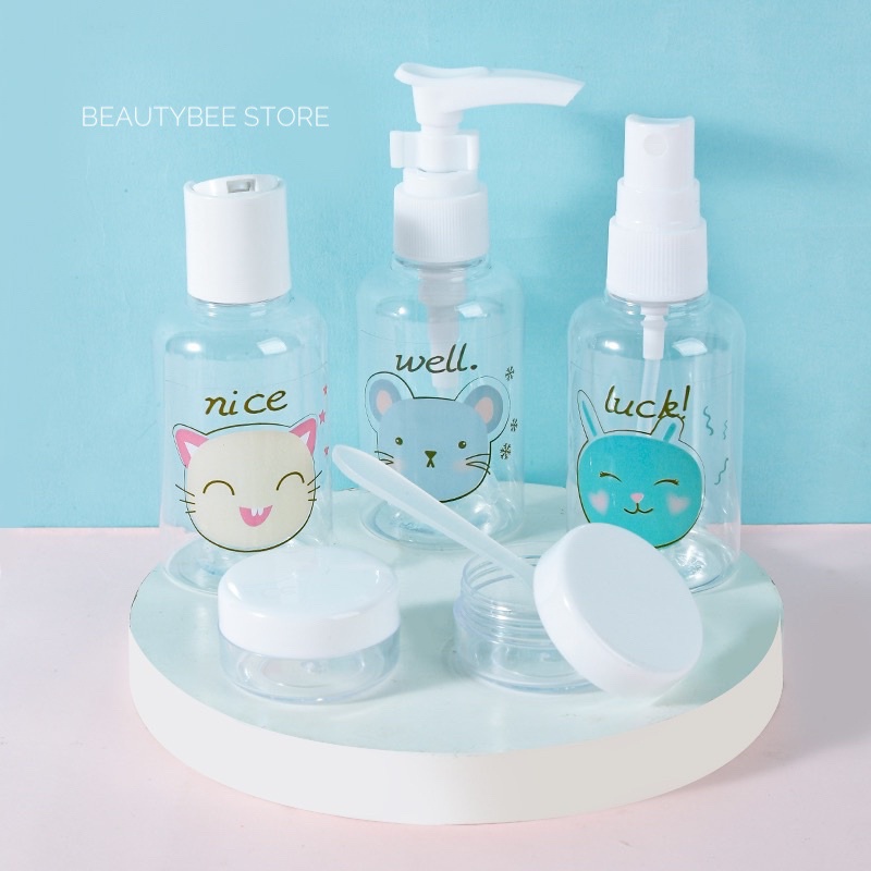 BOTOL TRAVEL SET MOTIF CAT ISI 6 + POUCH (SY1039)