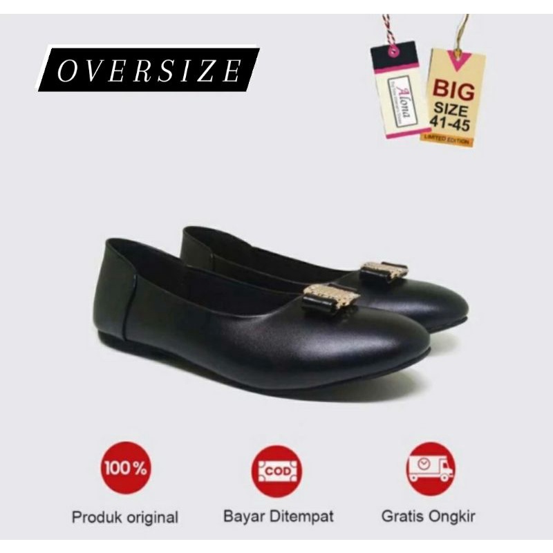 Original, Pantofel Wanita Big Size 41-45 Flatshoes Kulit Hitam JUMBO Size Besar PNS Guru Murid 42