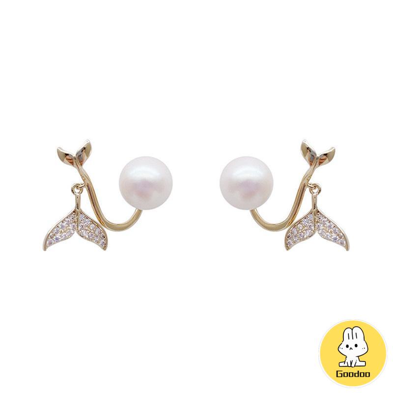 Pearl Fishtail Back Hanging Earrings Wanita High-end Cahaya Mewah Penuh Berlian Anting Geometris -Doo