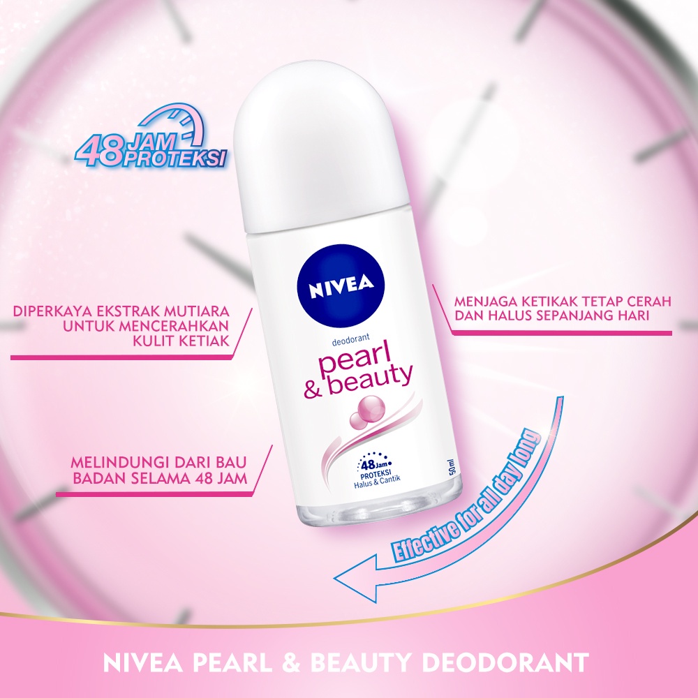 NIVEA DEODORANT PEARL &amp; BEAUTY [ 50 ML ] ROLL-ON FEMALE DEODORAN WANITA PERSONAL CARE PEARL EXTRACT DAN AVOCADO OIL