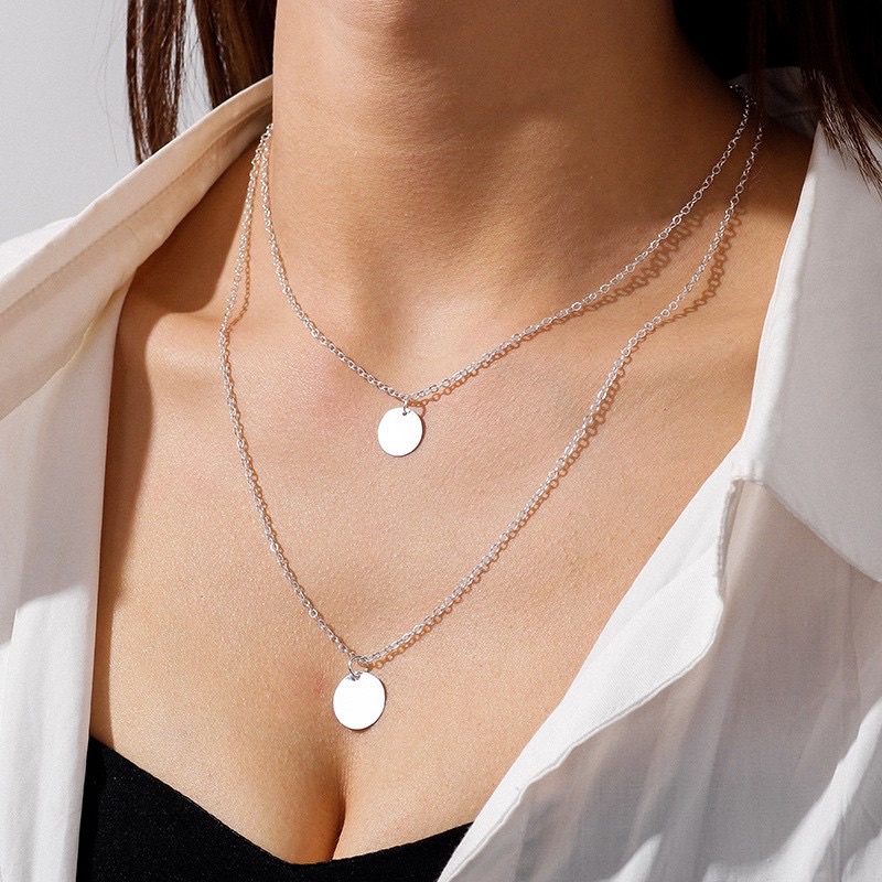 Kalung Rantai 2 Layer Bulat Bandul Sequin / Payet Emas Retro untuk Wanita