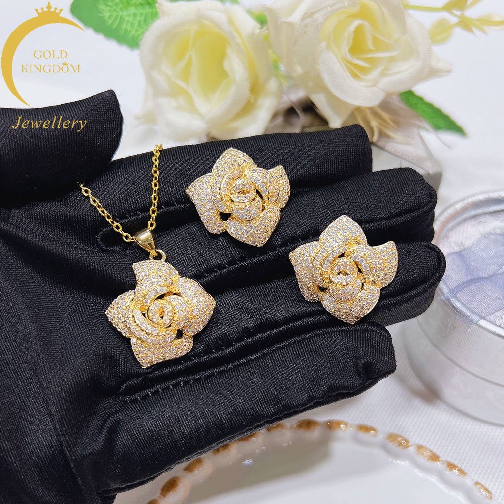 Goldkingdom Fashion Perhiasan Emas Asli Kadar 375 Bangkok Aksesoris Ready Stock Mawar Anting Liontin Kalung Camelia Hias Zirkon Berlian Mewah Wanita Gilt Sterling Silver