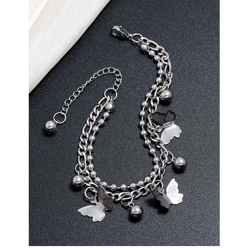 LRC Gelang Tangan Fashion Silver Stainless Steel Butterfly Bell Multilayer A63656