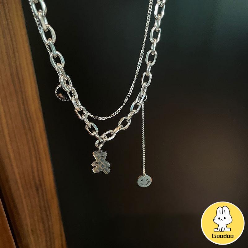 COD Kalung Rantai wanita silver Klavikula Desain Beruang Tersenyum Gaya Korean Fashion kalung Liontin Hip Hop Untuk Aksesoris -Doo