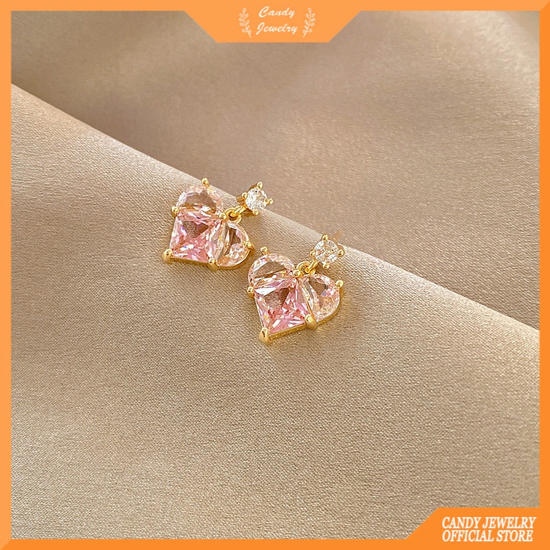 Anting Bahan Titanium Steel Bentuk Hati Aksen Zircon Untuk Wanita