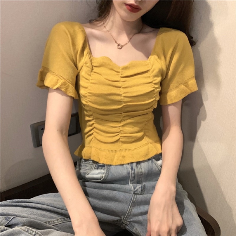 ATASAN RAJUT MODEL CROP KERUT IMPORT/KOREAN KNITT TOP (BJCNA004)