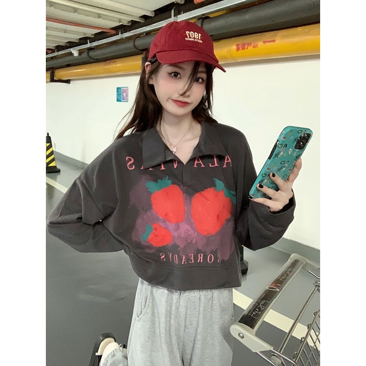 Nico##Strawberry PrintingpoloKerah Lengan Panjang Sweater Longgar Tipis Pendek Top