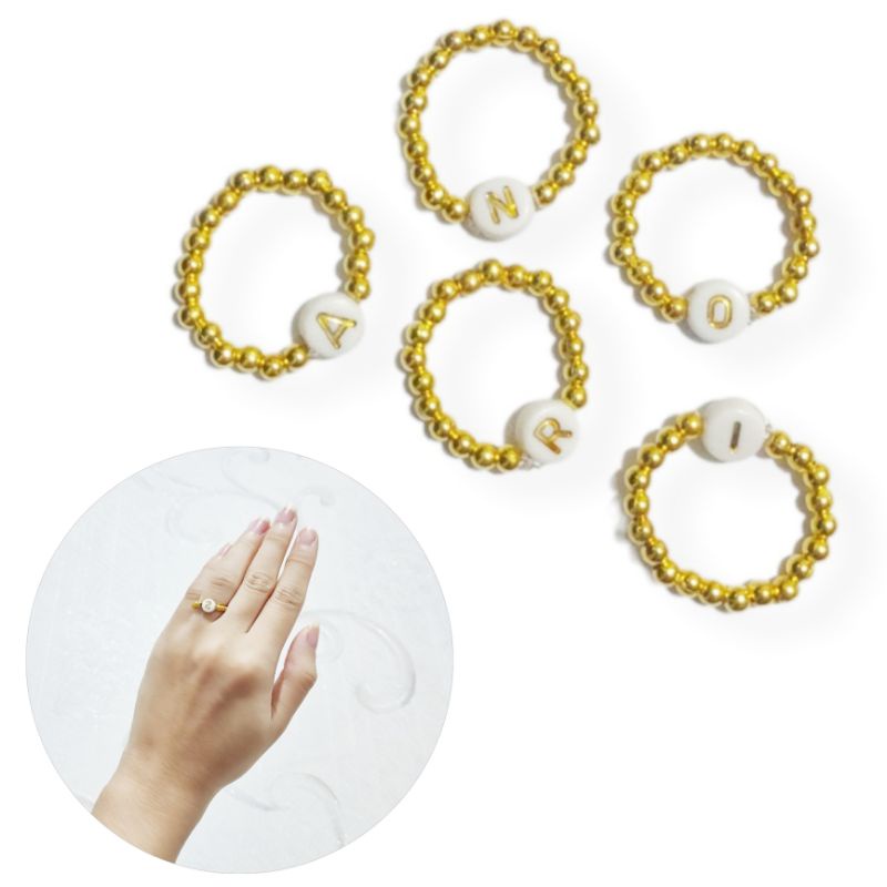 Cincin Inisial Golden Metalic Beads Initial Ring Elastic Huruf Alphabet Custom Gold Series
