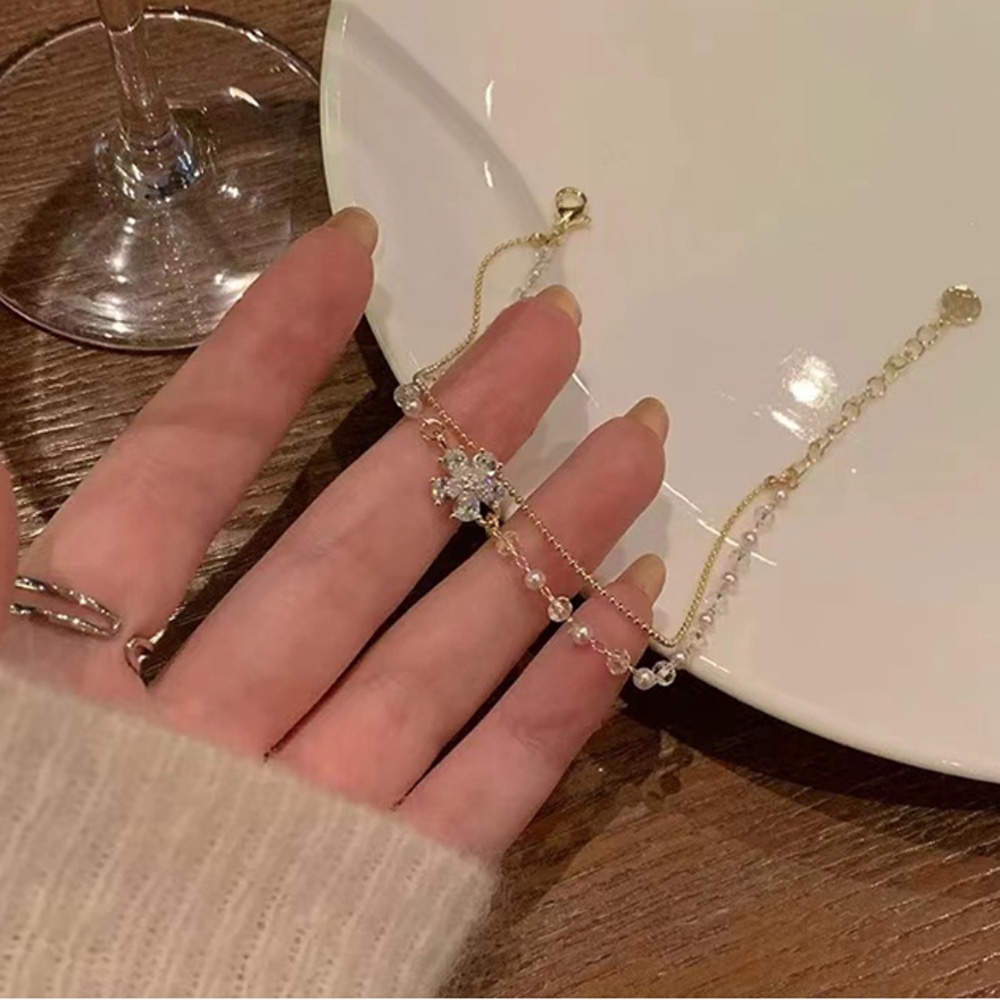 Gelang Rantai Manik-Manik Mutiara Bentuk Bunga Bahan Zirkon Lapisan Ganda Untuk Aksesoris Wanita