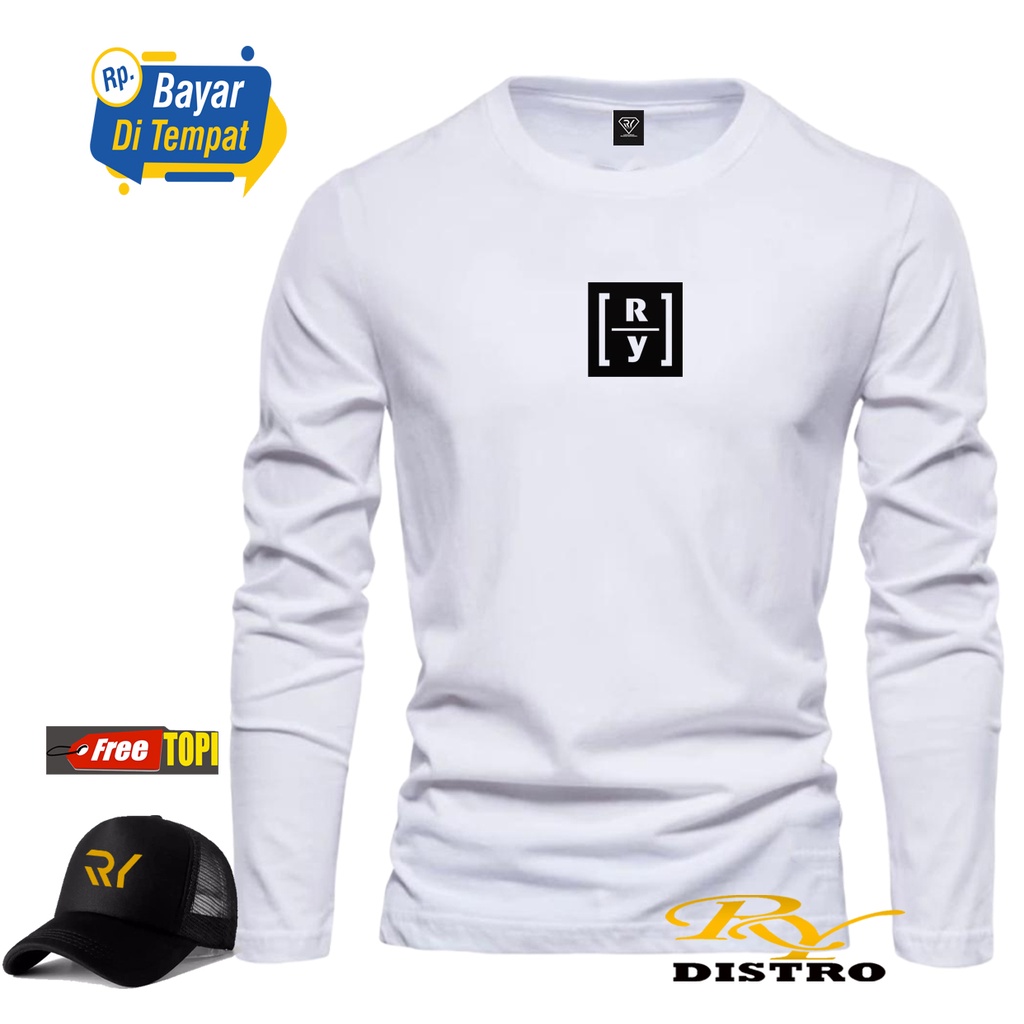 PROMO BUNUS TOPI ...! Kaos Lengan Panjang RY Box Hitam +Topi / Kaos Pria / Kaos Polos