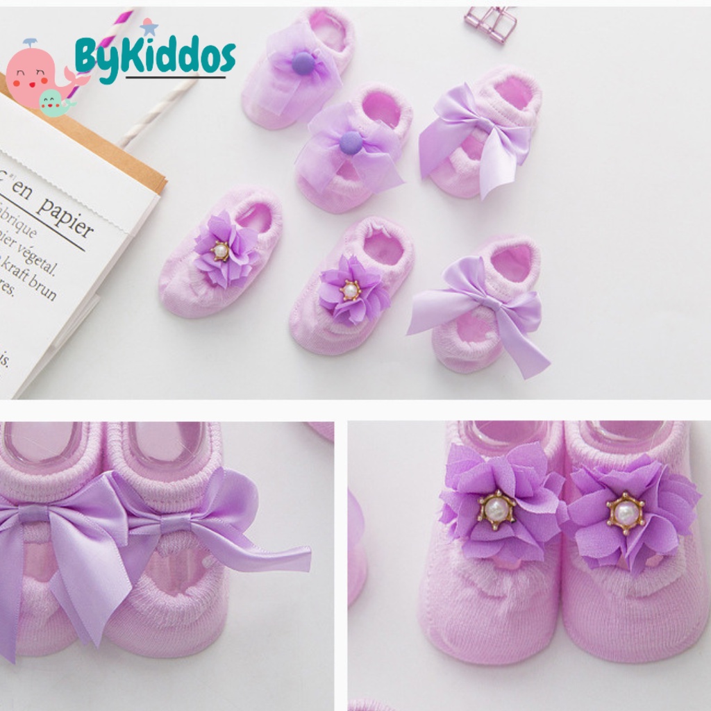 ByKiddos - Kaos Kaki Bayi Perempuan Newborn 0-6 Bulan Import Kualitas Premium Korea Motif 3 Jenis Bunga Pita