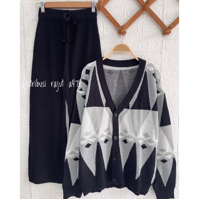 ONESET CARDIGAN RAJUT ARGYLE SETELAN KULOT DAN ROK RAJUT PREMIUM