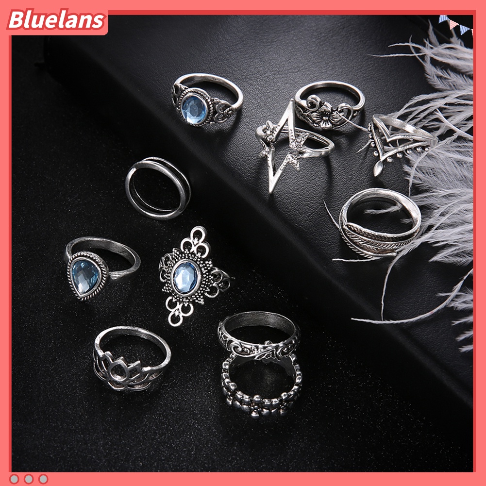 Bluelans 11Pcs Women Retro Hollow Rhinestone Knuckle Midi Finger Tip Stacking Joint Ring