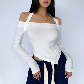 [Premium]Halter Neck Off-Shoulder Asymmetric Hem Crop 7284 (S/M/L)