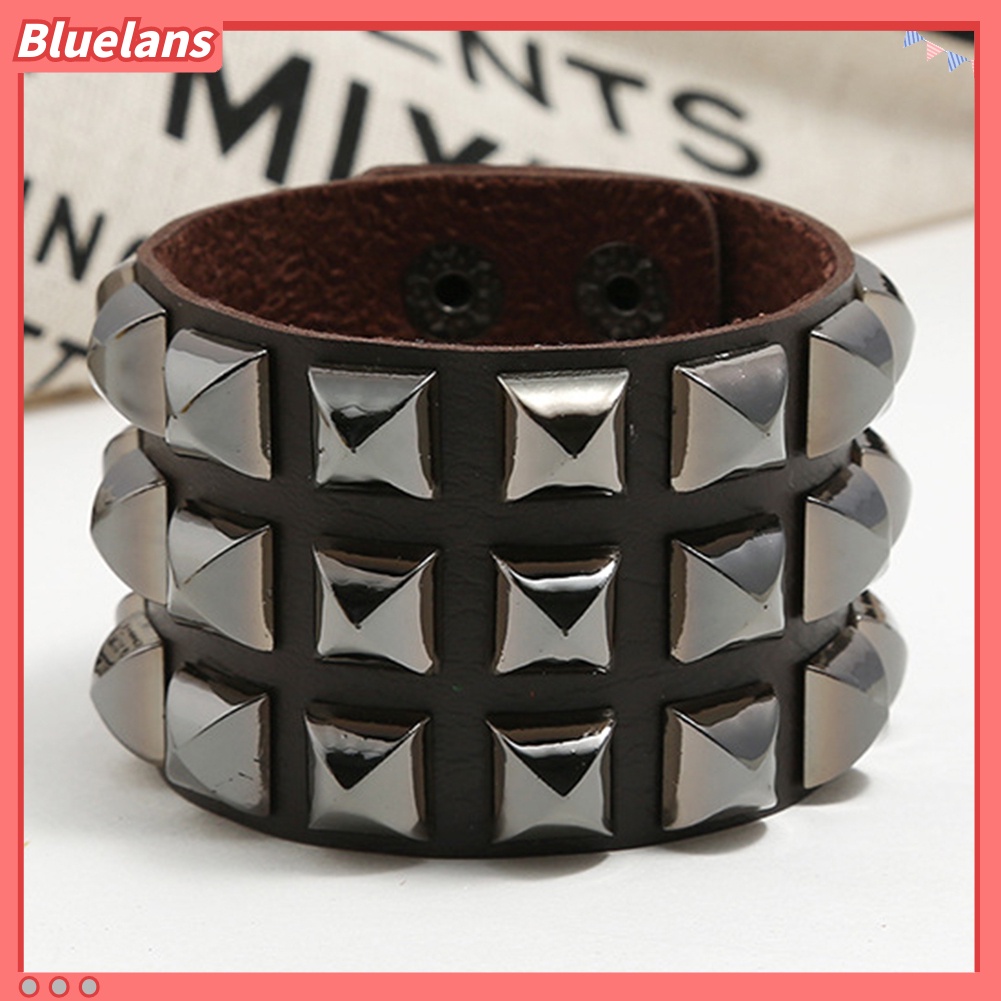 Bluelans Punk Men Women Club Square Rivet Studded Wide Cuff Faux Leather Bangle Bracelet