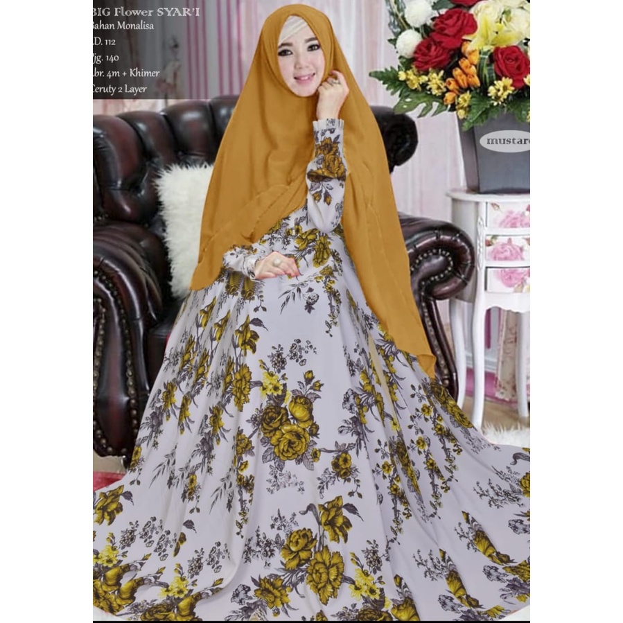 gamis set khimar big flower ungu