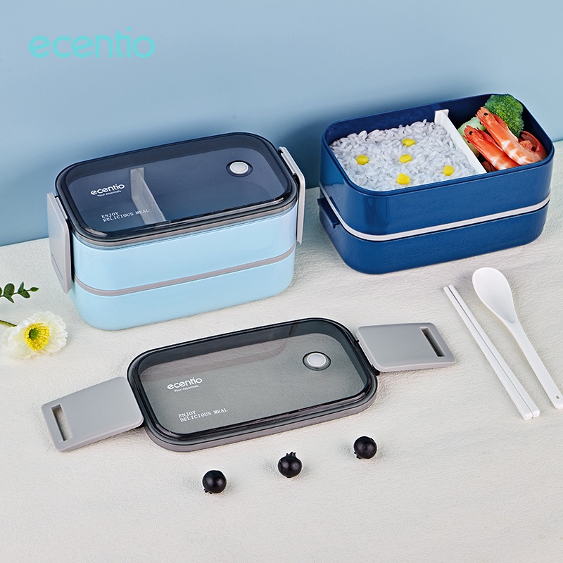 FOODI Kotak Makan 2 susun 1600ml Dark biru Kotak Bekal Anti Bocor lunch box Double layer Bento tempat makanan Free sendok&amp;sumpit warna