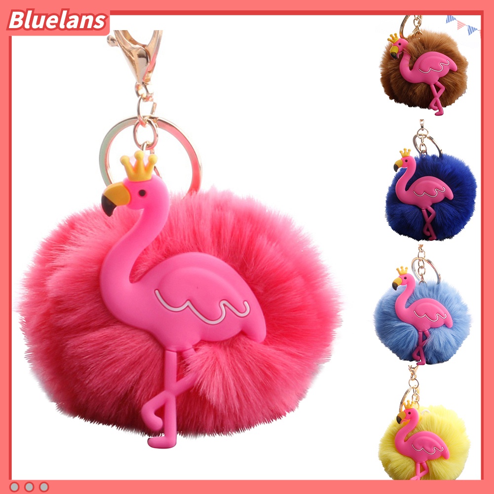 Gantungan Kunci Desain Flamingo Mahkota Pompom Fluffy Untuk Mobil / Tas