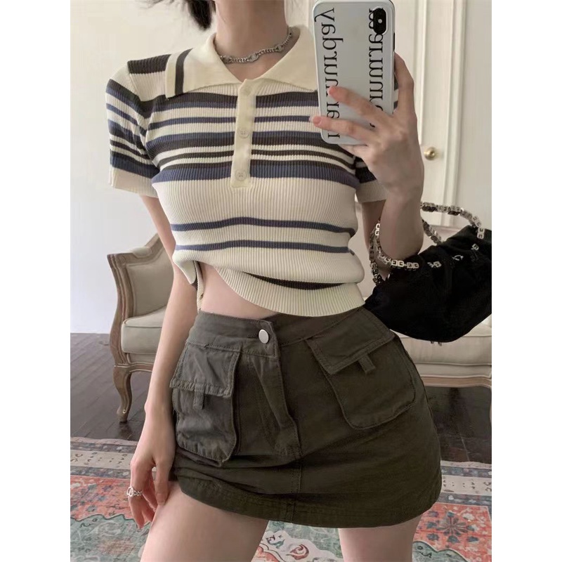 Premium Baju Korean Style Wanita Rajut Stripe Casual Terbaru