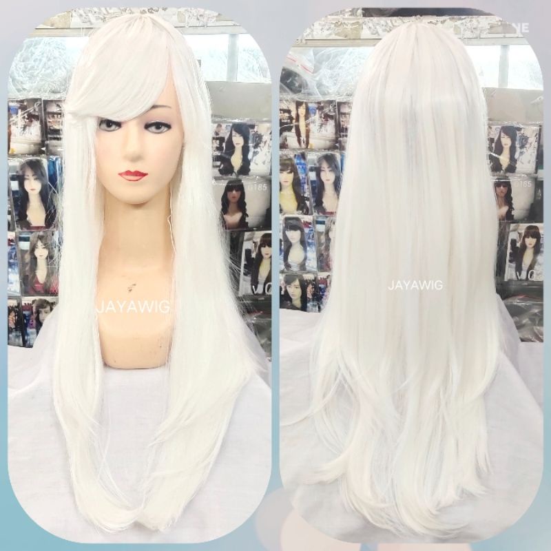 Wig Lurus Panjang Poni Samping Warna Putih