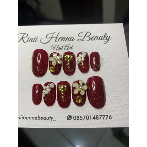 Kuku palsu pernikahan fake nail wedding nail art Maroon