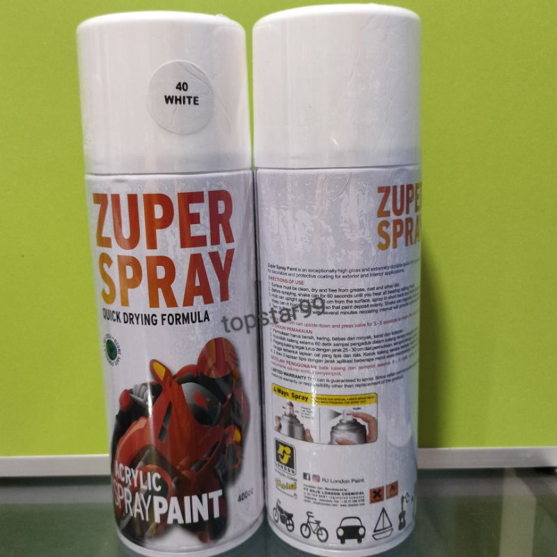 ZUPER Spray Paint Pilox Pilok Zuper White Putih Glossy 40 400cc Cat Semprot Zuper Acrylic Ukuran Besar 400 cc Quick Drying Formula /Cepat Kering