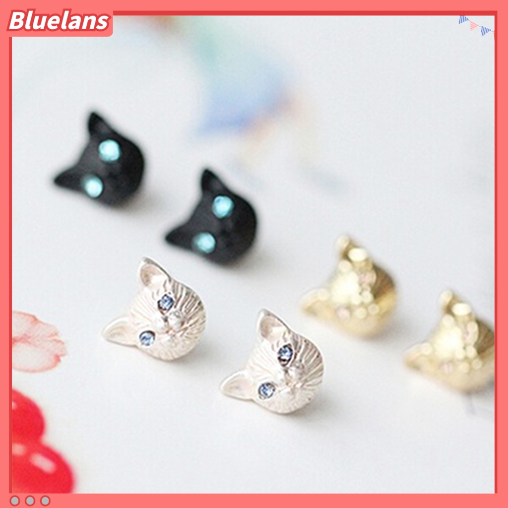 Bluelans 1 Pair Women Cute Cats Head Rhinestones Inlaid Ear Studs Earrings Club