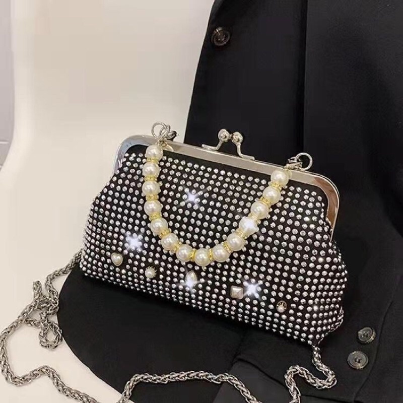 SG3538 syafniegaler tas blingbling blink impor with mutiara tali rantai tas pesta