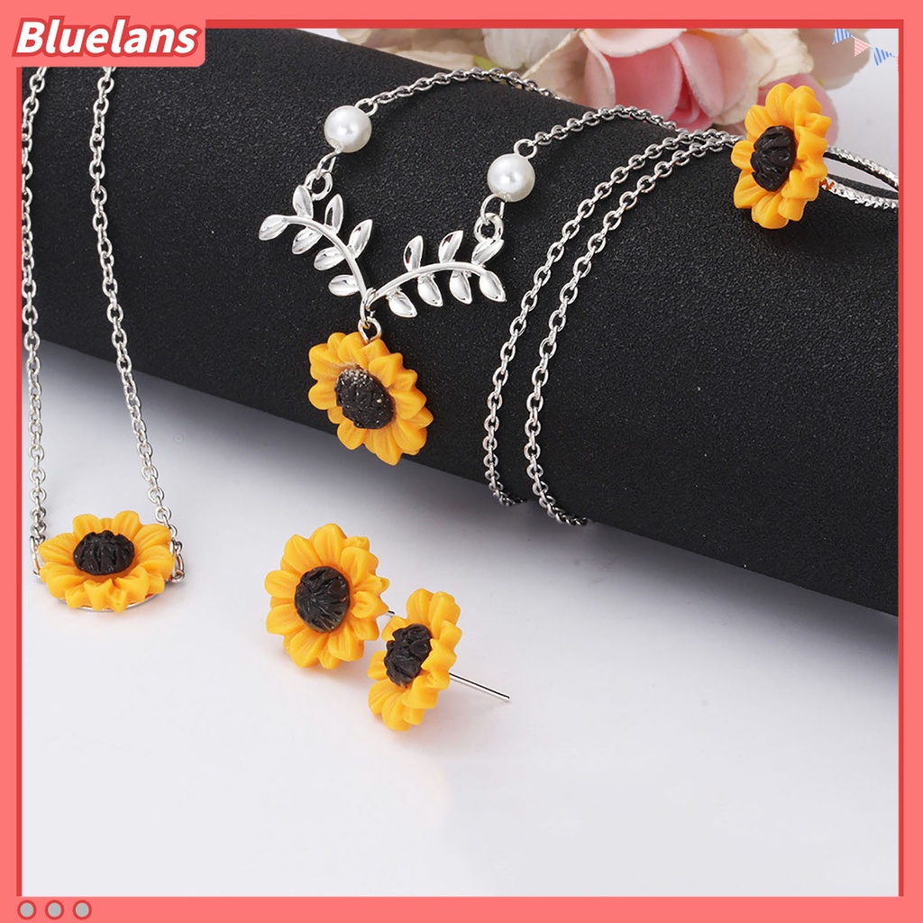 4pcs / Set Kalung Cincin Bentuk Bunga Matahari Daun Bahan Stainless Untuk Wanita
