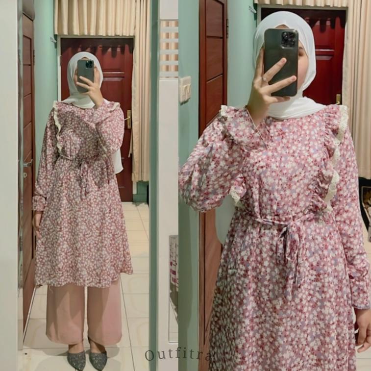 ➱Model Baru [COD] Tunik Ceruty Babydoll motif bunga busui friendly - Midi Dress ceruti kembang - fashion muslim 69 ✷
