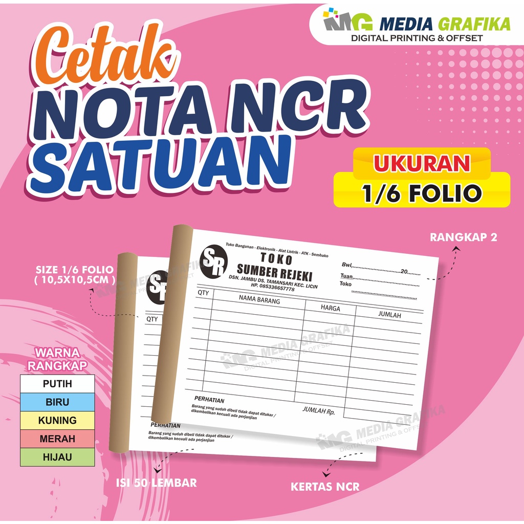 

NOTA SATUAN 1/6 Folio Nama Toko sesuai Pemesan, bisa cantumkan LOGO TOKO