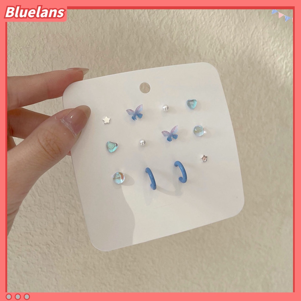 6 Pasang Anting Stud Bentuk Bunga Kupu-Kupu Aksen Mutiara Tiruan Untuk Wanita