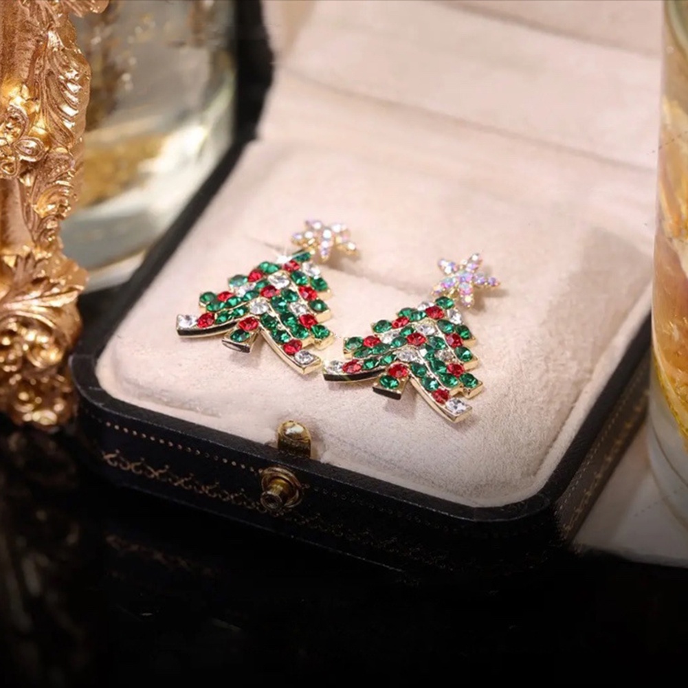 Anting Bentuk Pohon Natal Aksen Berlian Bahan Zirkon Untuk Hadiah