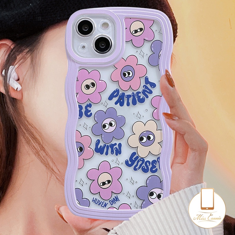 Redmi9 12C 10 10A 9A 10C 9T A1+9C NFC Redmi Note10 11 Pro+Note9 9Pro Note8 Note 10s 11s 10 Pro Max Plus Ins Korea Kartun Lucu Smiley Bunga Ungu Wavy Edge Soft Back Cover