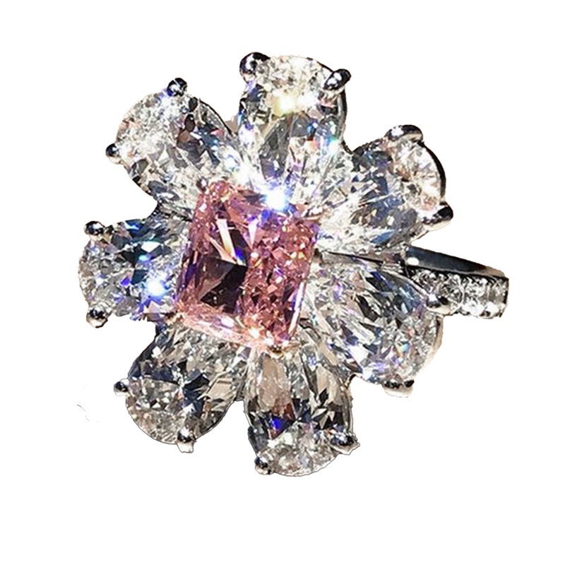 Fancyqube Cincin Silver Hias Berlian Zirkon Bentuk Kotak Warna Pink Untuk Wanita
