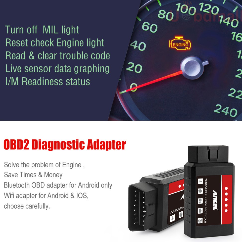 ANCEL ELM327 V1.5 OBD2 Bluetooth Car Scanner Car Display Voltage Meter Fuel Consumption Water Temperature Used In Android Device Check Engine Code Reader Auto Automotive Scan OBDII Diagnostic Tool OBD Gauge