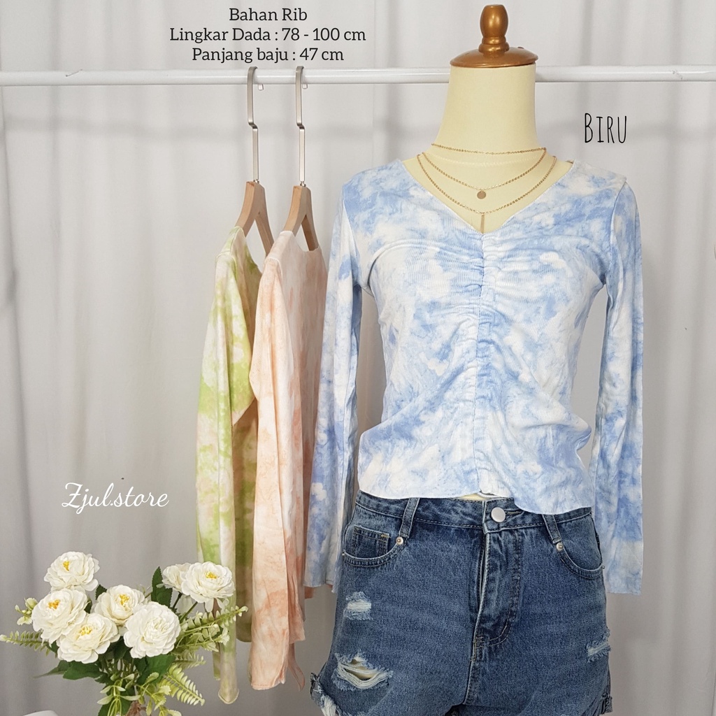 Zjul ( COD ) - Tie Dye Pakaian Wanita Serut Panjang / Atasan Wanita Terbaru/ Kaos Tie dye / Pakaian 